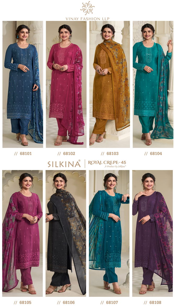 Silkina Royal Crepe 45 By Vinay Embroidered Designer Salwar Kameez Wholesale In Delhi
